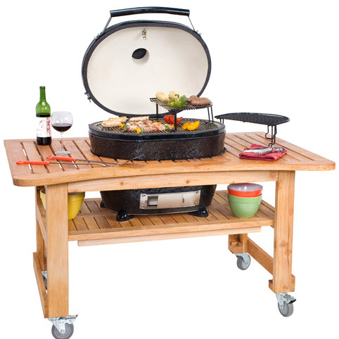 Primo XL Ceramic Kamado Grill and smoker in a Teak Table St Louis Retailer