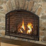 Kozy Heat Alpha AL36L Direct Vent Fireplace with True Arch Front - IPI modulating valve with full function remote, light and fan kit. Requires log kit and brick or reflective black liner kit to complete.  Optional Screens and Andirons.  Model for Natural or LP Gas.