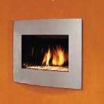 Kozy Heat Delano Horizontal Contemporary Direct Vent Fireplace with curved firebox; shown with H2O glass; lit from beneath; optional colored glass media and convex frames in several finishes - Models for Natural or LP Gas
