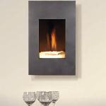 Kozy Heat Nicollet Vertical Contemporary Direct Vent Fireplace for Elevated viewing shown with H2O glass; lit from beneath; optional colored glass media and rectangular or convex frames in several finishes - Models for Natural or LP Gas