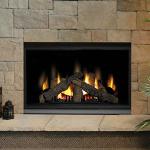 Napoleon BGD42 Direct Vent Fireplace shown with standard logs and porcelain liner; optional trims and accessories available.  Available in 36” and 42”  for Natural or LP Gas.