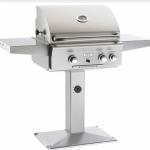 24 x 18 Cooking area
Stainless steel construction with dual burners and grids
Solid state electronic ignition
Custom designed analog thermometer with polished bezel
10,000 BTU rotisserie backburner
Heavy duty warming rack
Pedestal may be bolted into ground or deck
Post models in NAT Gas with LP kit 
