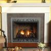 Tahoe DVP36FP Premium Direct Vent Fireplace, with white Profile mantel; optional herringbone brick liner; hammered pewter frame, leaf louvers and bottom trim. 36” and 42” models for Natural or LP Gas