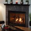 Tahoe DVX42FP Premium Direct Vent Fireplace, withcustom shelf mantel; optional banded brick liner; black slat louvers and bottom trim. 36” and 42” models for Natural or LP Gas