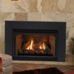 Innsbrook vented insert - three sizes to fit most wood burning fireplaces; with banded brick liners, with traditonal logs, blower and surrounds to complete installation. Models for Natural or LP gas. Also in Vent-free.