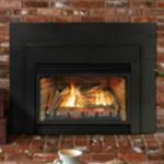 Innsbrook vented  inserts - three sizes to fit most wood burning fireplaces; with banded brick liners, with traditonal logs, blower Shown with 3" surround and metal insert. Models for Natural or LP gas. Also Vent-free Models.