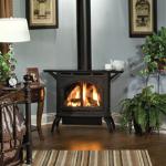 Heritage Direct-Vent Cast Iron Stove in Matte Black. 
Shown with optional Shelf Kit.