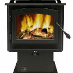 EPA 2300 Wood Stove shown with pedestal and ash pan; 86% Efficiency; 85,000 BTU;  EPA Certified; heat 3500 sq ft; 12 hour max burn; 20” log; standard refractory lined firebox and painted black cast iron door; Conveniently located air control lever; Optional blower and ash pan kit.