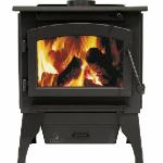 EPA 2100 Wood Stove shown with optional leg and ash pan; 86% Efficiency; 52,000 BTU;  EPA Certified; heat 1500 sq ft; 6 hour max burn; 18” log; standard refractory lined firebox and painted black cast iron door; Conveniently located air control lever; Optional blower and pedestal kit