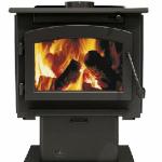 EPA 2200 Wood Stove shown with optional pedestal and ash pan; 86% Efficiency; 65,000 BTU;  EPA Certified; heat 2000 sq ft; 8 hour max burn; 18” log; standard refractory lined firebox and painted black cast iron door; Conveniently located air control lever; Optional leg kit, blower and ash pan kit.

