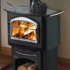1150P Cookstove - Black or Porcelain finish; 6” Flue;  Heats to 1,500 sq ft; max 55,000 BTU/h; Burn Time (low fire)7 hours; Non- Catalytic; Wood  Storage below; Log 18"; Options: Doors: Black, Gold or Brushed Nickel – plain arch or webbed; blower kit; outside air kit.